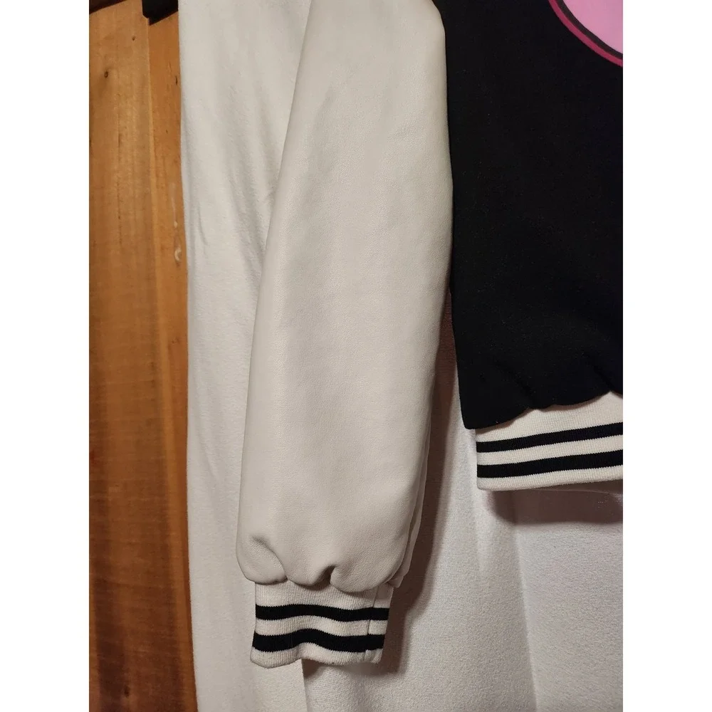 Justice~Smiley Face Emoji~Varsity Jacket~ Black White & Pink~Size Large 12 /14